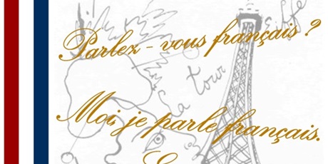 Powiększ grafikę: Plakat zapraszający na Dzień Frankofonii przedstawiający grafikę wieży Eiffle'a, kolory francuskiej flagi i podstawowe wyrażenia w j. francuskim.