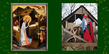 Powiększ grafikę: Po lewej obrazek prezentujący Maryję przy żłóbku. Po prawej zdjęcie uczennicy inspirowane tym obrazkiem.