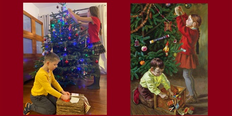 Powiększ grafikę: Po prawej obrazek, na którym chłopiec rozpakowuje prezent, a dziewczynka ubiera choinkę. Po lewej zdjęcie uczennicy i jej brata inspirowane tym obrazkiem.