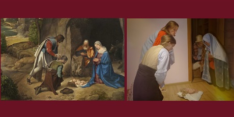 Powiększ grafikę: Po lewej obrazek świętej rodziny w stajence. Po prawej zdjęcie uczennicy inspirowane tym obrazkiem. 