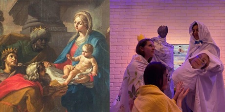 Powiększ grafikę: Po lewej obrazek przedstawiający wizytę Trzech Króli. Po prawej zdjęcie uczniów inspirowane tym obrazkiem.
