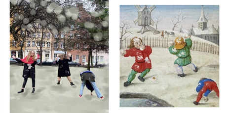 Powiększ grafikę: Po prawej zdjęcie dzieci na lodowisku. Po lewej zdjęcie uczennicy inspirowane tym obrazkiem.