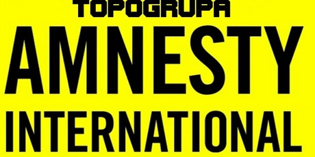 Powiększ grafikę: Grafika przedstawia tekst: "Topogrupa Amnesty International" napisany wielkimi, czarnymi literami na kontrastującym żółtym tle.