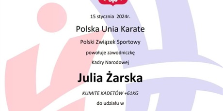 Powiększ grafikę: Dyplom powołujący Julię Żarską do udziału w zawodach kadry narodowej.
