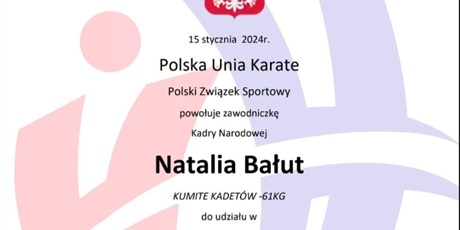 Powiększ grafikę: Dyplom powołujący Natalię Bałut do udziału w zawodach kadry narodowej.