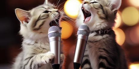 Powiększ grafikę: Zdjęcie przedstawia dwa koty śpiewające do mikrofonów.