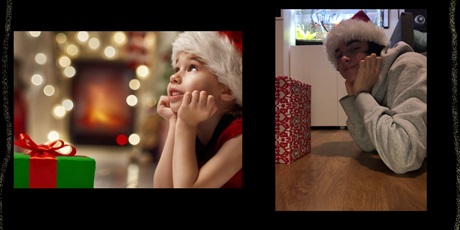 Powiększ grafikę: Po lewej zdjęcie dziecka przy prezencie świątecznym. Po prawej zdjęcie uczennicy inspirowane tym obrazkiem.
