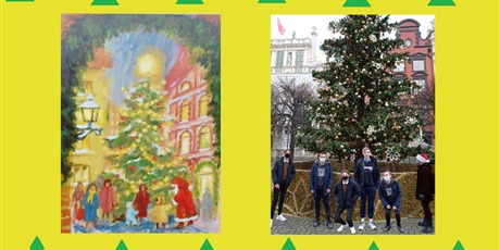 Powiększ grafikę: Po lewej obrazek przedstawiający dzieci przy choince w centrum miasta. Po prawej zdjęcie uczniów inspirowane tym obrazkiem.