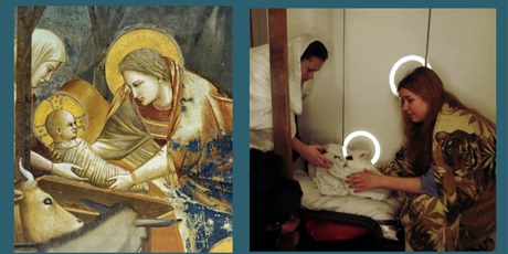 Powiększ grafikę: Po lewej zdjęcie Maryi układającej Jezusa w żłóbku. Po prawej zdjęcie uczennicy inspirowane tym obrazkiem.