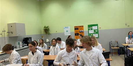 Powiększ grafikę: Uczniowie w białych fartuchach siedzą przy ławkach w sali lekcyjnej. Przed nimi stoją tacki z płucami i sercami wieprzowymi.