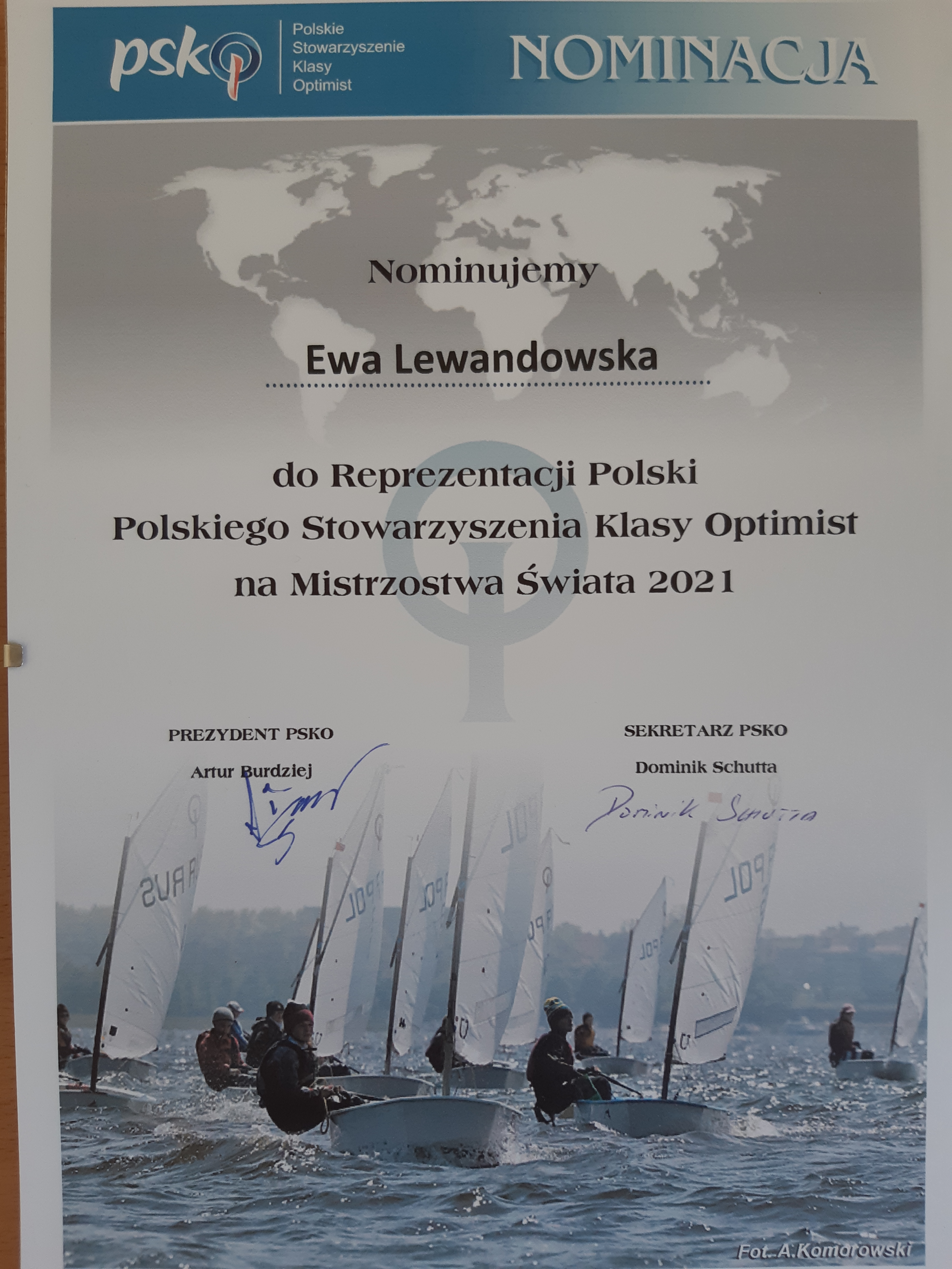 Zdjęcie dokumentu potwierdzającego nominację Ewy Lewandowskiej do Reprezentacji Polski w klasie Optimist na Mistrzostwach Świata w 2021