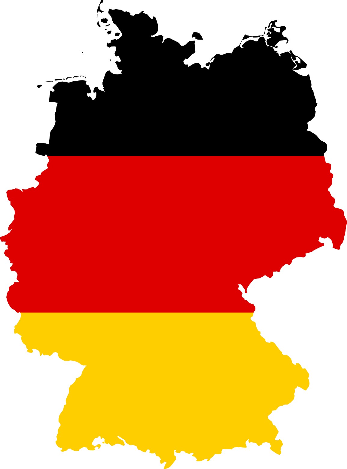 Mapa konturowa Niemiec w kolorach niemieckiej flagi. 
