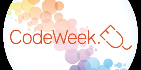 Powiększ grafikę: Logo akcji przedstawiające napis CodeWeek. oraz kontur myszki komputerowej na tle kolorowych kółek